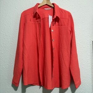 New Soft Surroundings peekaboo shirt M Coral Textured Long‎ Sleeve Button Down